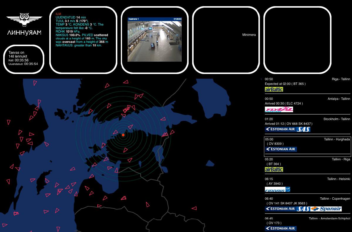 Interface for plane tracking in Linnujaam, shows flight schedules and view from terminal webcam.